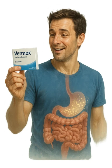 A realistic, cinematic illustration of a man in his late 30s holding a small white box of ‘Vermox’ (mebendazole) in one hand, with a relieved and hopeful expression on his face. Behind him, a semi-transparent overlay shows his digestive tract where small, symbolic worm-like parasites are dissolving and disappearing, indicating the medication’s effect. The environment is clean and bright, with a medical yet hopeful tone, conveying the concept of effective parasite removal. Subtle blue and green tones symbolize cleansing and health restoration, while the man appears energized and ready to reclaim his well-being sticker