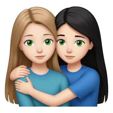 una ragazza dall‘ età di 19 anni con capelli castani chiaro lunghi e lisci ,  occhi CELESTI ,  e una ragazza di 17 anni capelli neri occhi verdi che si abbracciano   sticker