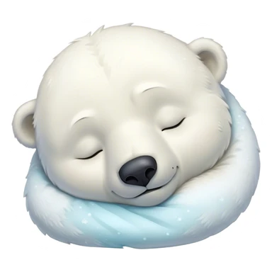 Meme-Worthy cute Sleeping Polar Bear Portrait Emoji, Head resting peacefully with a contented smile, showcasing a luxuriously soft snowy coat and eyes closed in serene slumber, Simplified yet hilariously adorable features, highly detailed, glowing with a soft, drowsy polar light, high shine, relaxed and utterly lovable, stylized with an air of playful laziness, bright and heartwarming, soft glowing outline, capturing the essence of a sleeping polar guardian that feels destined to become the next viral sensation of adorable rest! sticker