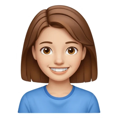 Girl with brown hair smiling with braces and blue shirt sticker