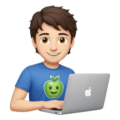 Apple emoji style: developer character, young man, wavy dark brown hair, hazel eyes, dimple, smiling, playful wink, tech t-shirt, at MacBook with Apple logo, modern soft background sticker