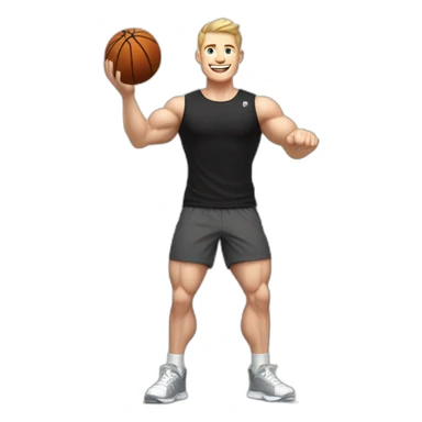 Joyful Celebrating victory Pale skinned Fit Man With the biceps and dark brown hair in black shirt, gray sports shorts and white Sneakers sticker