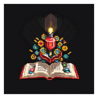 pixel art style, a red book opened with ideas (lightbulbs, gears) and money (coins, bills) coming out, under a spotlight sticker