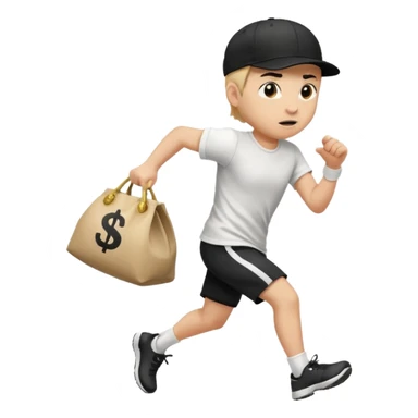Thief with black cap white t-shirt with black Stripes emoji runing with money bag sticker