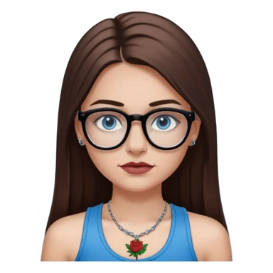 White girl with long straight brown hair and blue eyes wearing plastic frame glasses that go from black to clear ombré from top to bottom. Stud nose piercing on right side of nose and a septum piercing. Wearing black tank top. Rose tattoo on right arm. sticker