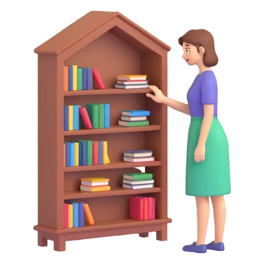 a sad woman looking at a small bookcase sticker
