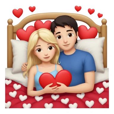 two people cuddling in bed. man has dark hair. woman is blonde. hearts surrounding them. sticker