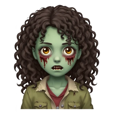 Emoji garota zombie com cabelo castanho escuro cacheado longo com franja cacheada sticker