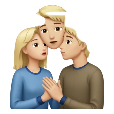 iOS emoji style, girl holding hands with one boy while kissing another boy, one boy blond, the other brunet, subtle suspicious expression sticker