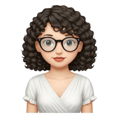 create a frontend girl that has a round face curly hair with a side curtain bangs and wears black rayban glasses doesnt smile with her teeth and white sticker