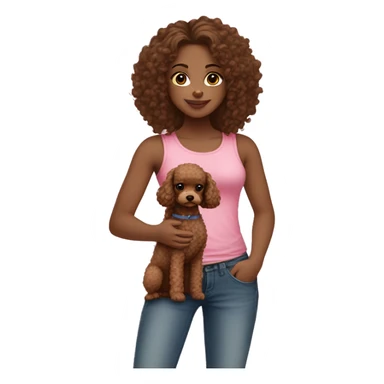 Girl with white skin long brown curly hair and a pink tank top with jeans and a bow in her hair and she is holding a small poodle that is brown sticker