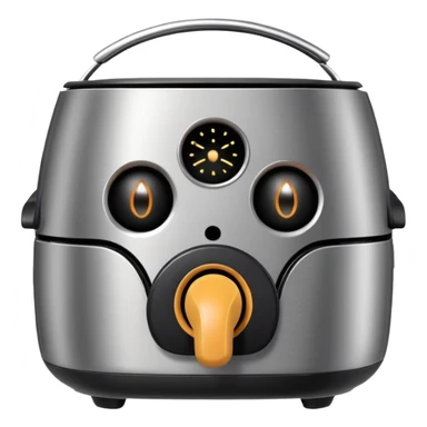 An air fryer with the knobs and handles made to look it's eyes, nose and mouth, hysterically crying with laughter sticker