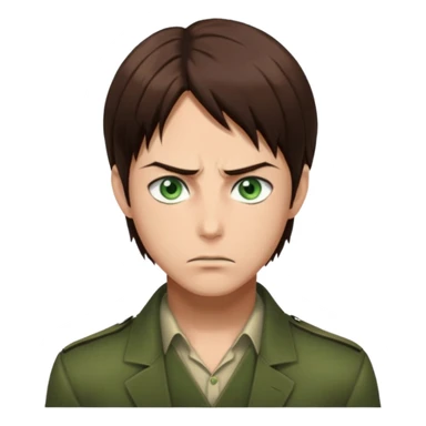 “Create an avatar that looks like Eren Yeager from Attack on Titan, Season 4 — sharp jawline, tied-back long brown hair, intense green eyes. Normal expression.  sticker