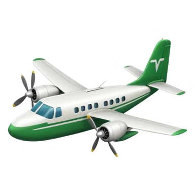 A 3D cartoon small twin-propeller airplane flying low over fields, gentle lighting, bright background, Memoji-style rendering. sticker