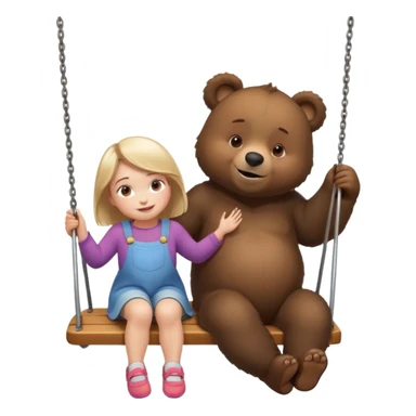 Create a 3D animated scene in the style of a children's cartoon. A small girl similar to Masha is sitting on a swing, smiling happily. A big friendly bear stands behind her gently pushing the swing. Bright colorful forest background, soft lighting, warm and playful mood." sticker