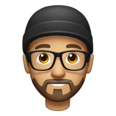 Male with headphones, clear glasses, black cap and brown beard sticker