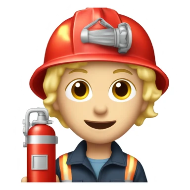 Blonde boy wearing a fire hat and playing with a firetruck sticker