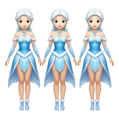 Four images of the same ice Snow Maiden character with two arms and two legs: front view, back view, side view, three-quarter view. Full body, translucent ice, winter fairy tale style, consistent design, clean anatomy. sticker
