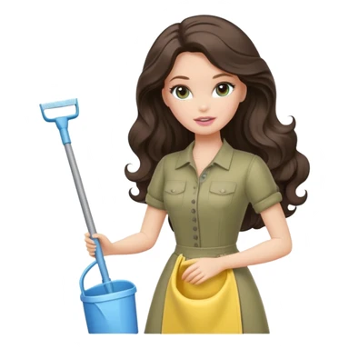 A white Barbie girl with long dark brown wave hair in a pale olive clothes doing cleaning sticker