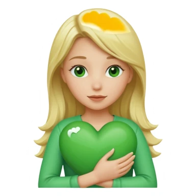 A hug emoji of a blonde women that hugs a green hearth sticker