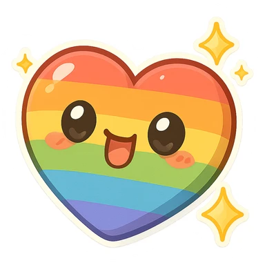 chibi sticker-style rainbow heart with sparkles, cute and exaggerated sticker