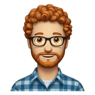 man around 25 with blue eyes with redhead short mid-curly hair. with beard and glasses. scarlet checked shirt sticker