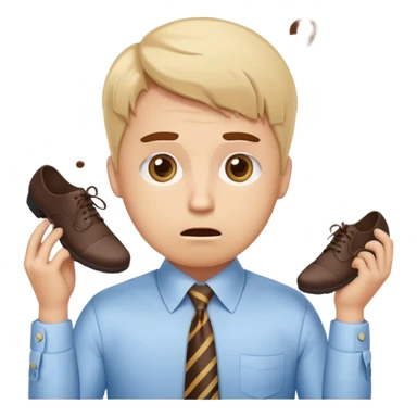 ordinary Russian office worker emoji, clumsy and confused face, 📎 stuck in hair, coffee stain on tie, one shoe untied, huge eyes with question marks, minimal emoji style, thick outlines, bright pastel colors, kawaii flat design sticker
