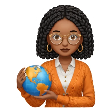 a young woman wearing fine gold round glasses and black hair in several box braids, she has light black skin, and she's wearing a white shirt with an orange-terracotta cardigan on top. She's holding a globe in one hand sticker