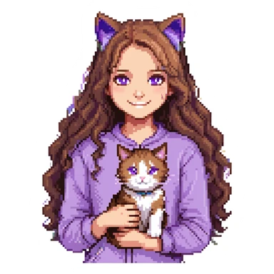 girl with long wavy brown hair and brown eyes wearing purple clothes smiling with a three-color cat beside her pixel art sticker