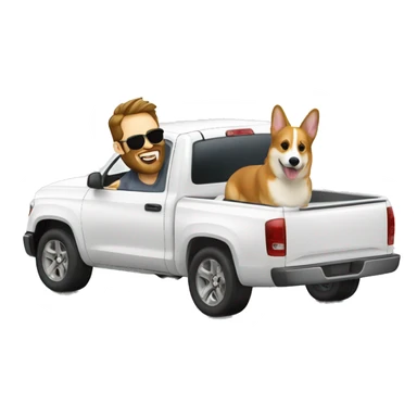 Two sunglass guys one with a beard in a white truck with a corgi sticker