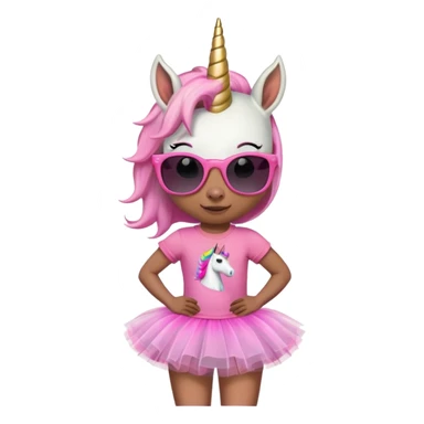 friendly anthropomorphised female unicorn with horse-like face, in tutu and pink t-shirt, wearing dark sunglasses, standard pose, close-crop head and shoulders sticker
