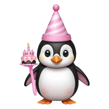 cute penguin with birthday hat hold a birthday pink cake in arms sticker
