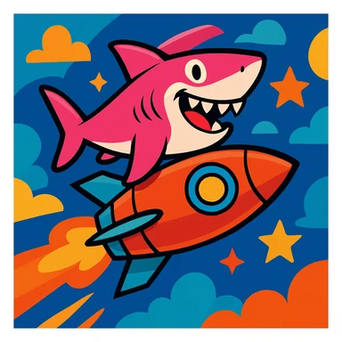 a pink shark flying on top of a rocket, vibrant and playful, cartoon style, dynamic and fun, whimsical and colorful sticker