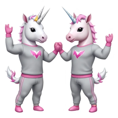 two friendly anthropomorphised male white unicorns with fit, chunky, muscular and strong physiques, arms and legs matching the white of the head, both wearing grey tracksuit pants and pink jumpers, sunglasses, high-fiving each other sticker