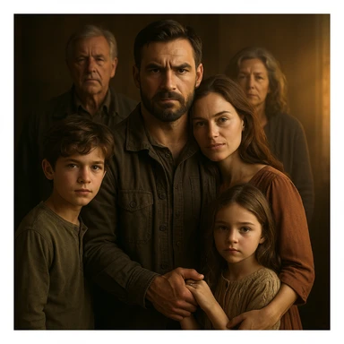 4K hyper realistic image of a masculine man with protective energy, parents behind, wife and children at his side, his hand holding his wife's, children close, dramatic warm light, cinematic style, family love and strength sticker