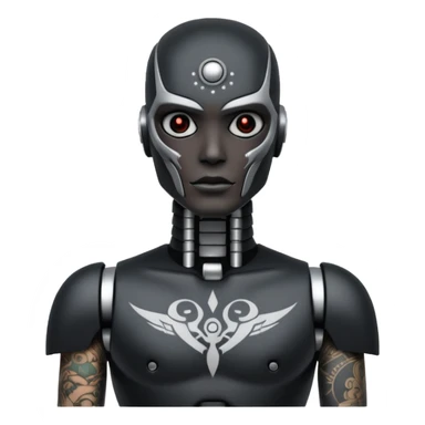 black metal Tatooed robot with rada, big many tatooes on chest, neck and face, white tatoo on face sticker