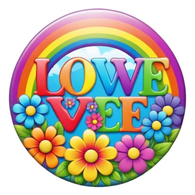 A round psychedelic colored button that says love, peace, and joy with rainbow colored hippie style flowers sticker