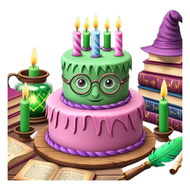 Harry Potter themed pink birthday cake with green 'Happy Birthday Harry' icing, surrounded by wizard books, candles, potion bottles, feathers, and glasses on wooden table, magical atmosphere." sticker