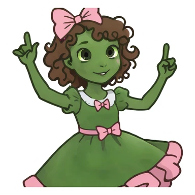 brown girl with long brown curly hair and bows in her hair waving wearing pink  sticker