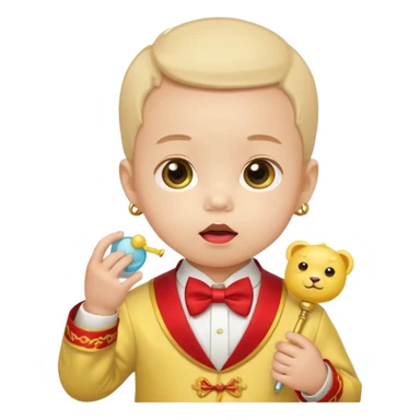 baby guy, pacifier, wearing yellow chinese royal ancient custome, red bow tie sticker