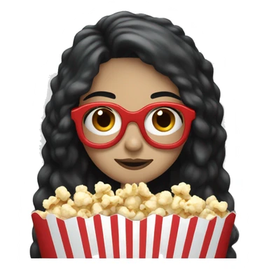 Pale girl with long black hair eating popcorn with red and blue glasses sticker