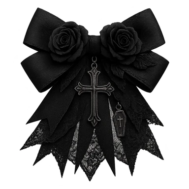 Edit the image to depict a black gothic bow with layered ribbons, a cross pendant, black rose accents, and a tiny coffin charm. The background should be removed. Maintain a gothic style with layered textures, floral accents, and symbolic charms for a dark, elegant appearance. sticker