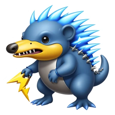 a fantastical dangerous and spooky electric platypus merged with a hedgehog with sharp teeth, metal electric spikes, and strong fangs, electricity and lightning coming, menacing look, yellow and blue ligning bolts sticker
