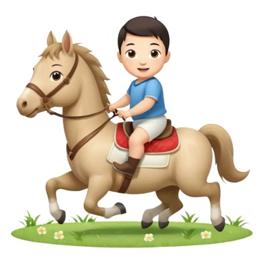 l little chinese baby boy riding on a  cute horse running on the grass with 2026 year label sticker