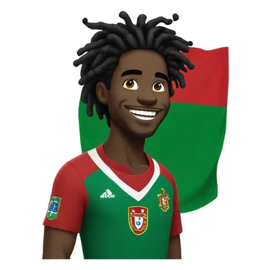  Young black man- 4 inch short black nappy messy dread locks-  low eyebrows - low eyes - no facial hair laughing Portugal jersey lean crazy smile  sticker