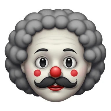 a melancholic clown character with a round gray face, half-closed sleepy eyes with long lashes, a big black round nose, and thick black mustache. Dark fluffy cloud-like hair on the sides of the head.  sticker