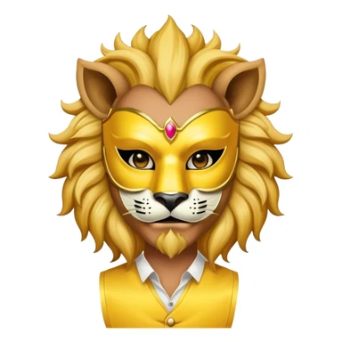 a man, with a Yellow vest,  wear half-face golden Lion masquerade mask sticker