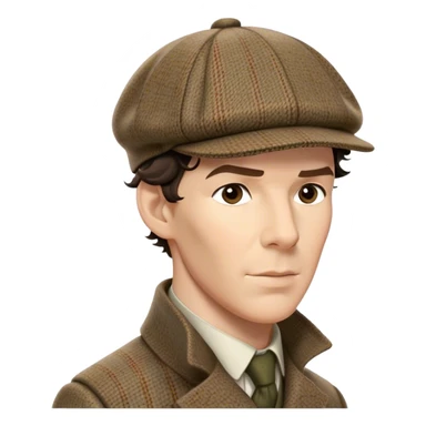 sherlock holmes benedict cumberbatch, wearing a deerstalker hat with the fabric is often tweed, which features a subtle checkered or herringbone pattern with darker and lighter threads woven together, creating texture and depth.  sticker