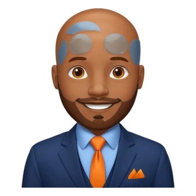 headshot of a sophisticated, stylish, bald head, smiling Caribbean black man with a beard and goatee in a navy blue suit, orange tie sticker