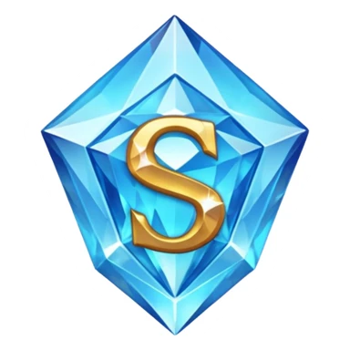 Create a custom emoji badge featuring a stylized, glossy letter “S”. Style it after the Diamond rank from League of Legends. Use crystalline blue tones, sharp reflections, faceted textures, and a high-end glowing frame. sticker
